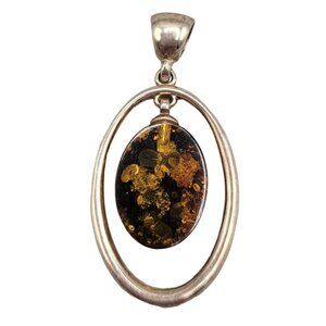Amber Sterling Silver 925 Oval Pendant Hanging Oval Center Dangling Charm